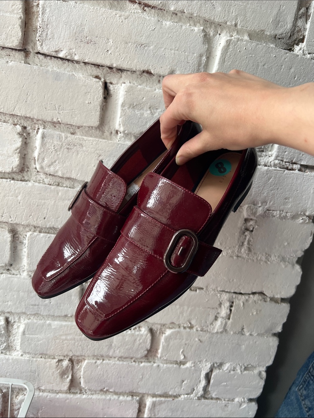 Women’s pointed square Patent Burgundy Slip-On Loafers with Buckle Accent